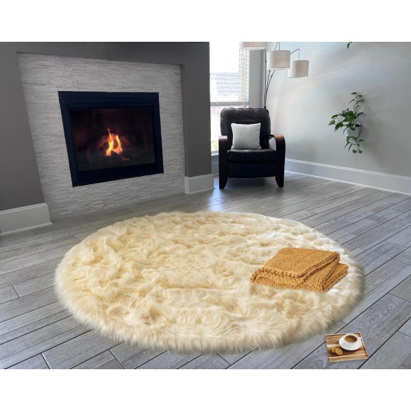 Beige round faux sheepskin rug