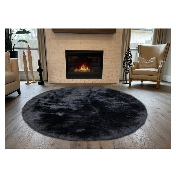 Black premium round faux fur rug